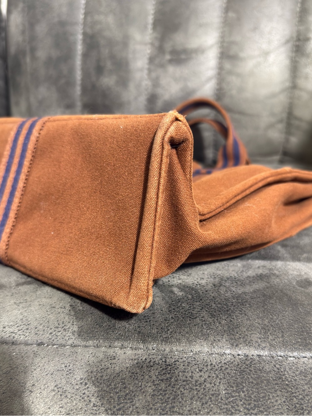 Hermès Fourre Tout MM Canvas Tote Bag Brown Navy Stripe Handbag - Picture 11 of 15